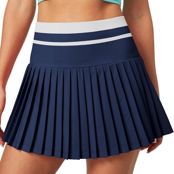 Navy women's high waisted pleated tennis skirt with pockets, UV protection, abov - Picture 1 of 5